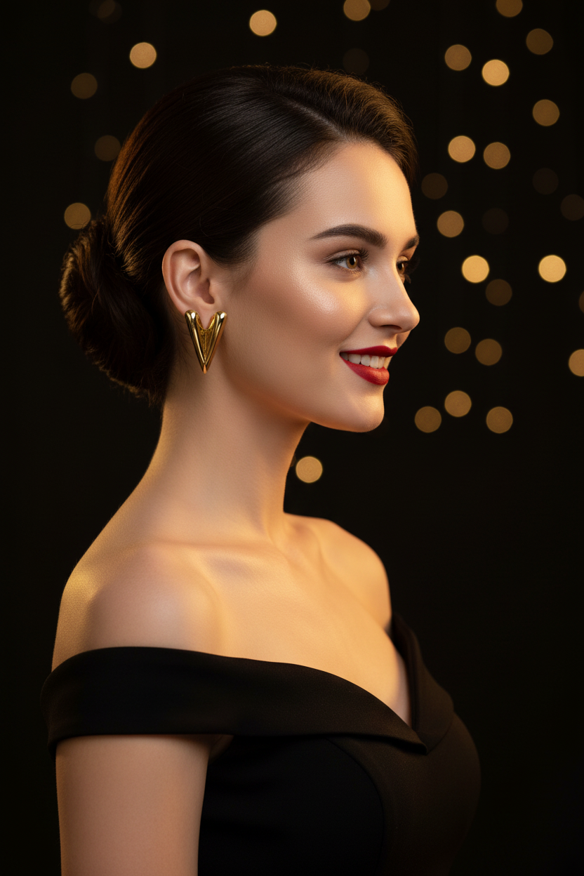 Slim Gold Heart Studs – Mid Size Model Shot